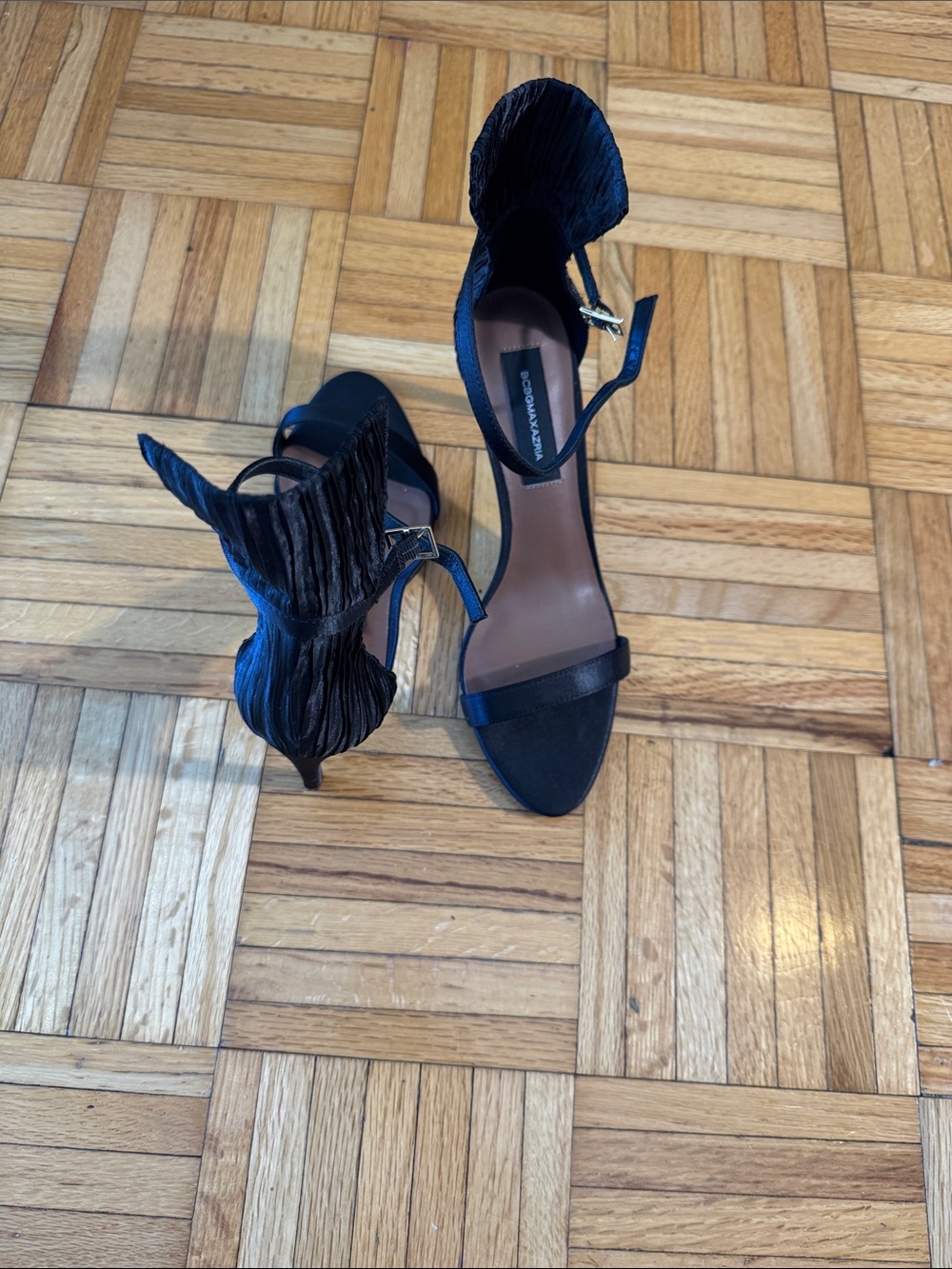 BCBGMaxAzria Black Pleated Ankle-Strap Heels